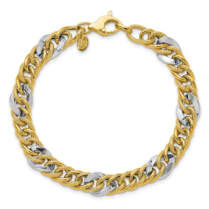 14K Two Tone Polished And Textured Fancy Link Bracelet