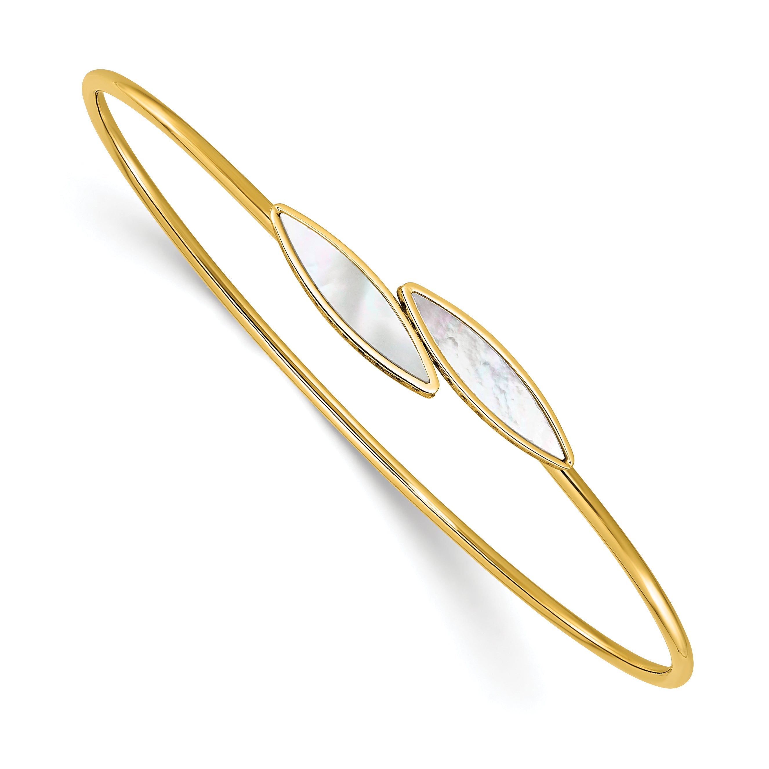 14K Yellow Gold Polished Mother Of Pearl Bypass Flexible Bangle