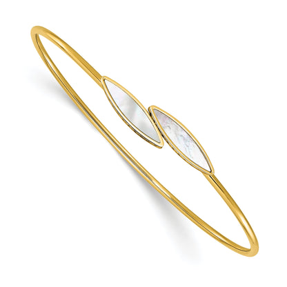 14K Yellow Gold Polished Mother Of Pearl Bypass Flexible Bangle