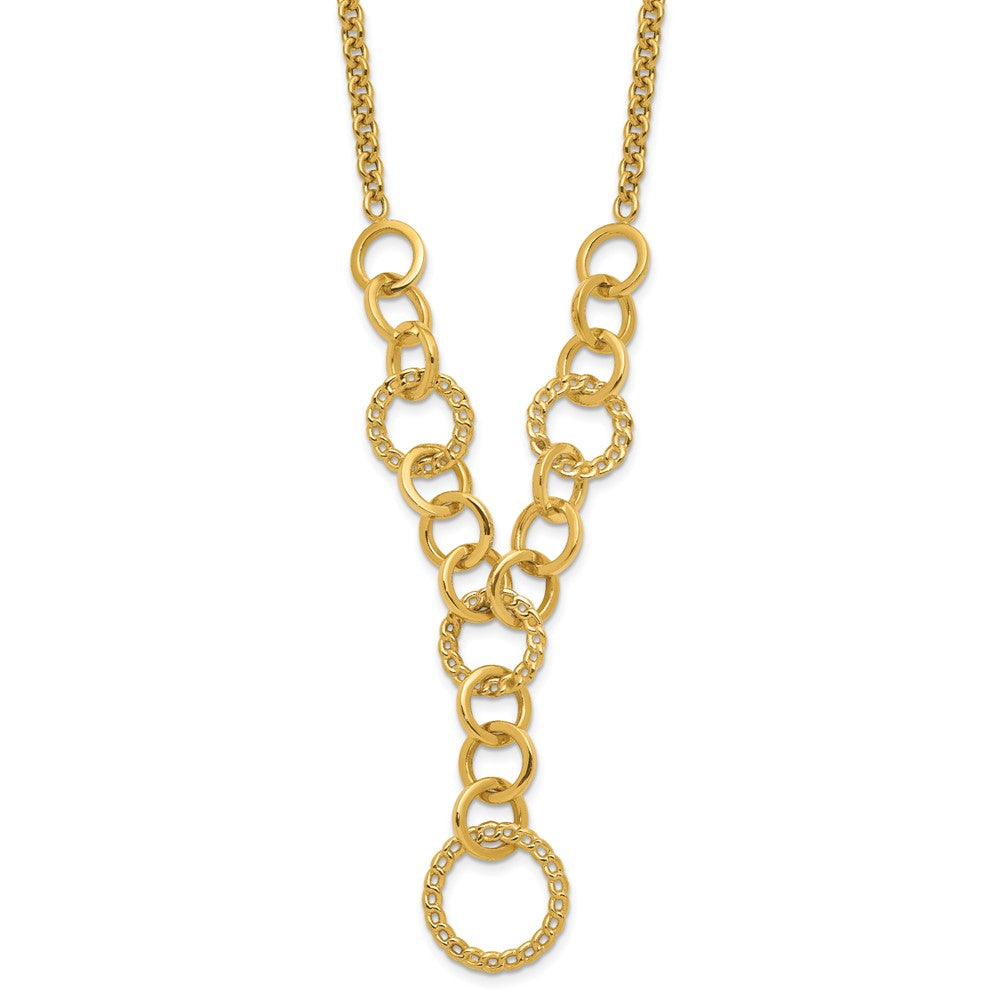 14K Yellow Gold Polished Circles Y Drop 1In Ext. Necklace
