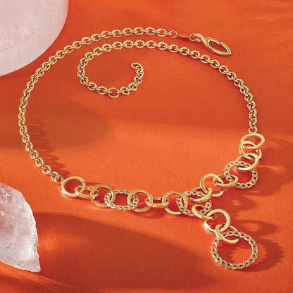 14K Yellow Gold Polished Circles Y Drop 1In Ext. Necklace