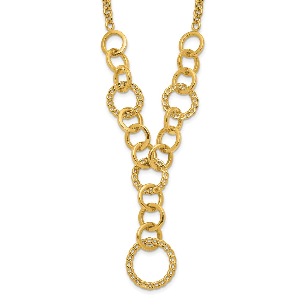 14K Yellow Gold Polished Circles Y Drop 1In Ext. Necklace