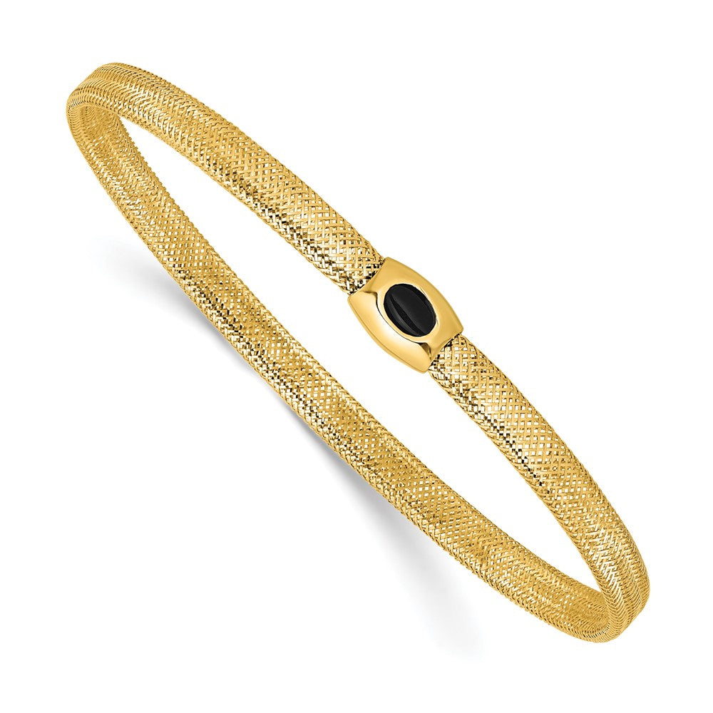 14K Yellow Gold Polished Onyx Mesh Slip On Stretch Bracelet