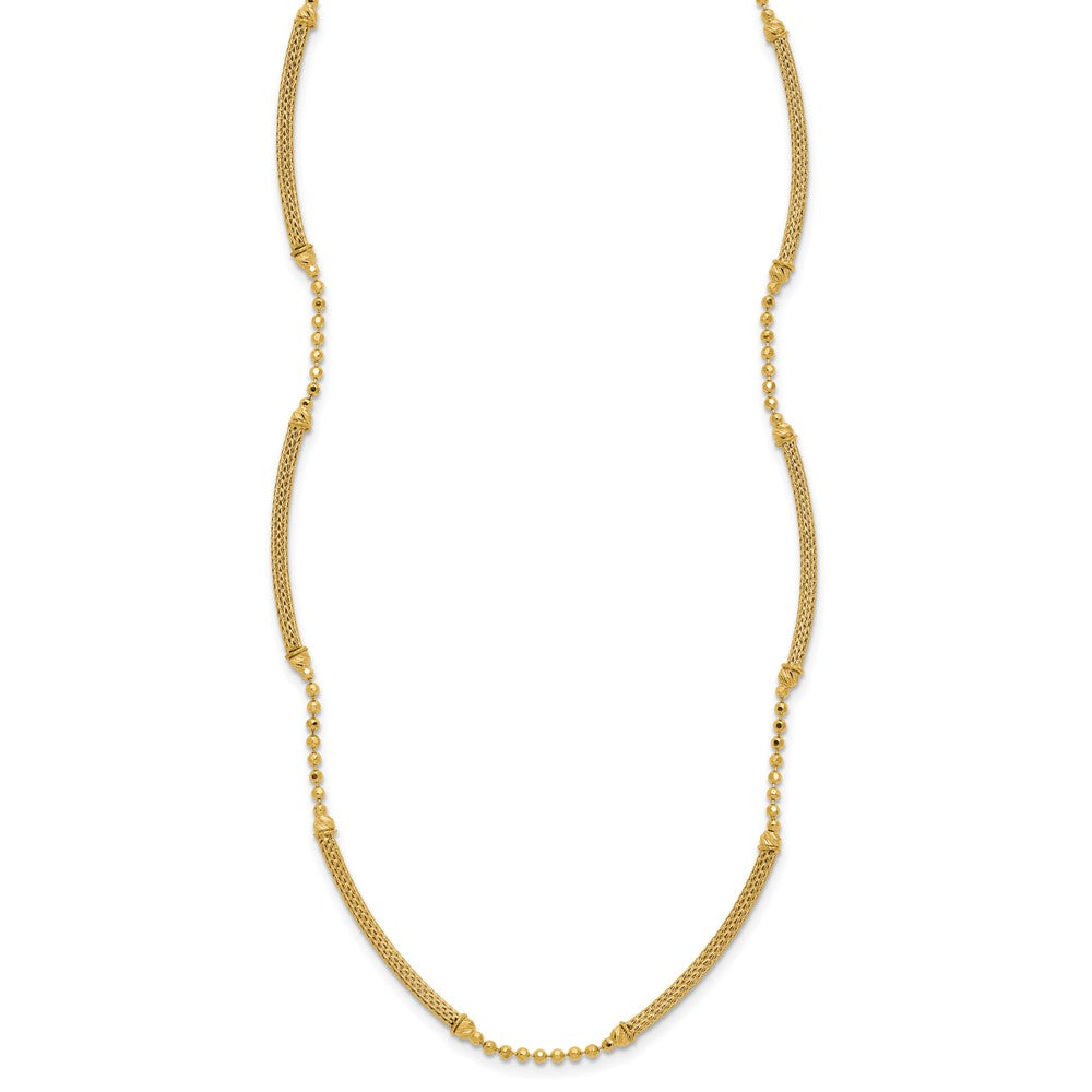 14K Yellow Gold Polished Textured And Dia Cut Beaded Bars Necklace