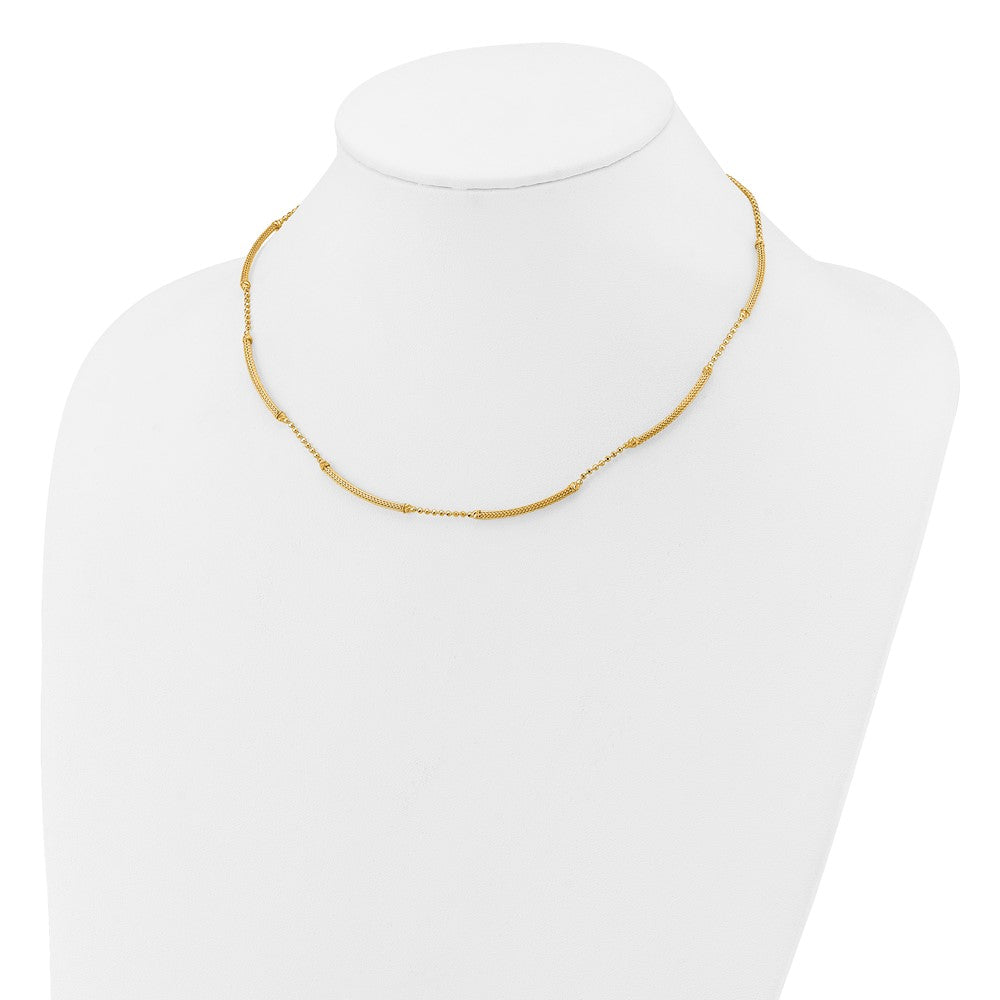 14K Yellow Gold Polished Textured And Dia Cut Beaded Bars Necklace