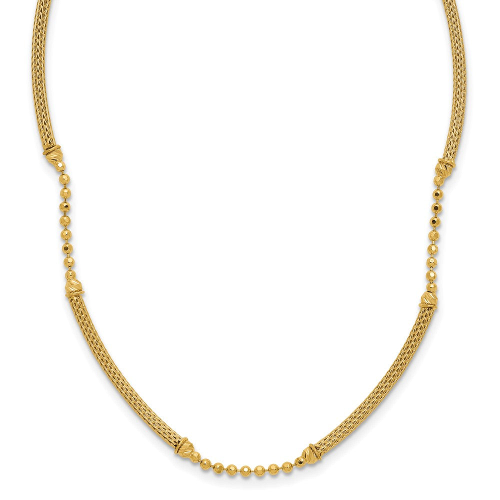 14K Yellow Gold Polished Textured And Dia Cut Beaded Bars Necklace