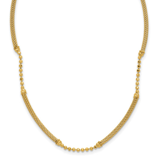 14K Yellow Gold Polished Textured And Dia Cut Beaded Bars Necklace