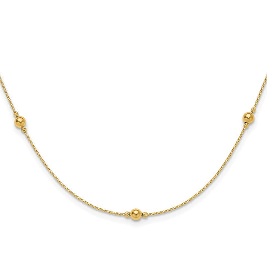 14K Yellow Gold Polished/Textured/Dia Cut Beads W/ 2In Ext. Necklace