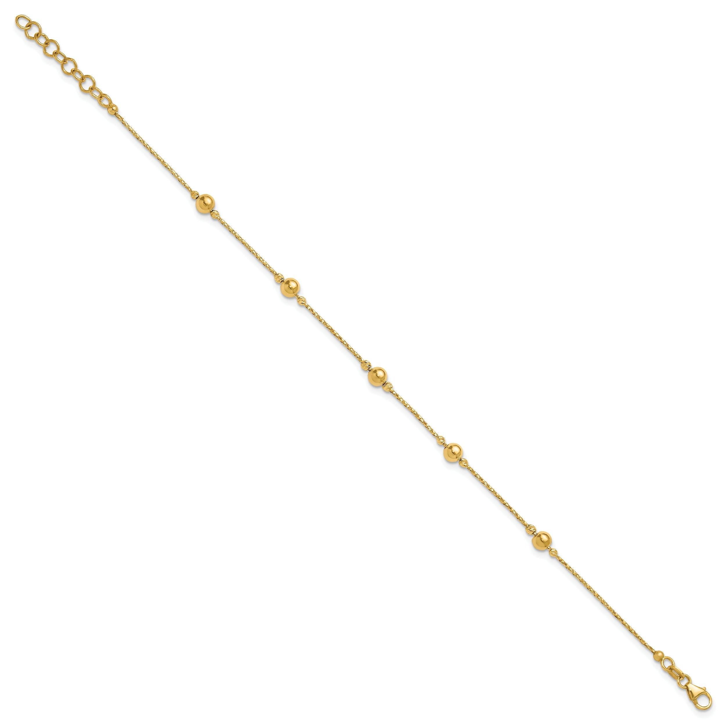 14K Yellow Gold Polished/Textured/Dia Cut Beads 1In Ext. Bracelet