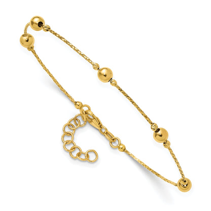 14K Yellow Gold Polished/Textured/Dia Cut Beads 1In Ext. Bracelet