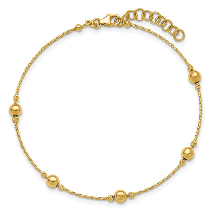 14K Yellow Gold Polished/Textured/Dia Cut Beads 1In Ext. Bracelet