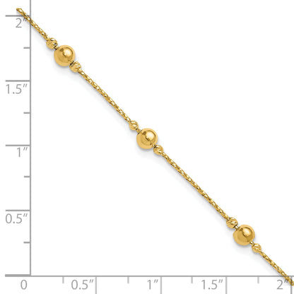 14K Yellow Gold Polished/Textured/Dia Cut Beads 1In Ext. Bracelet