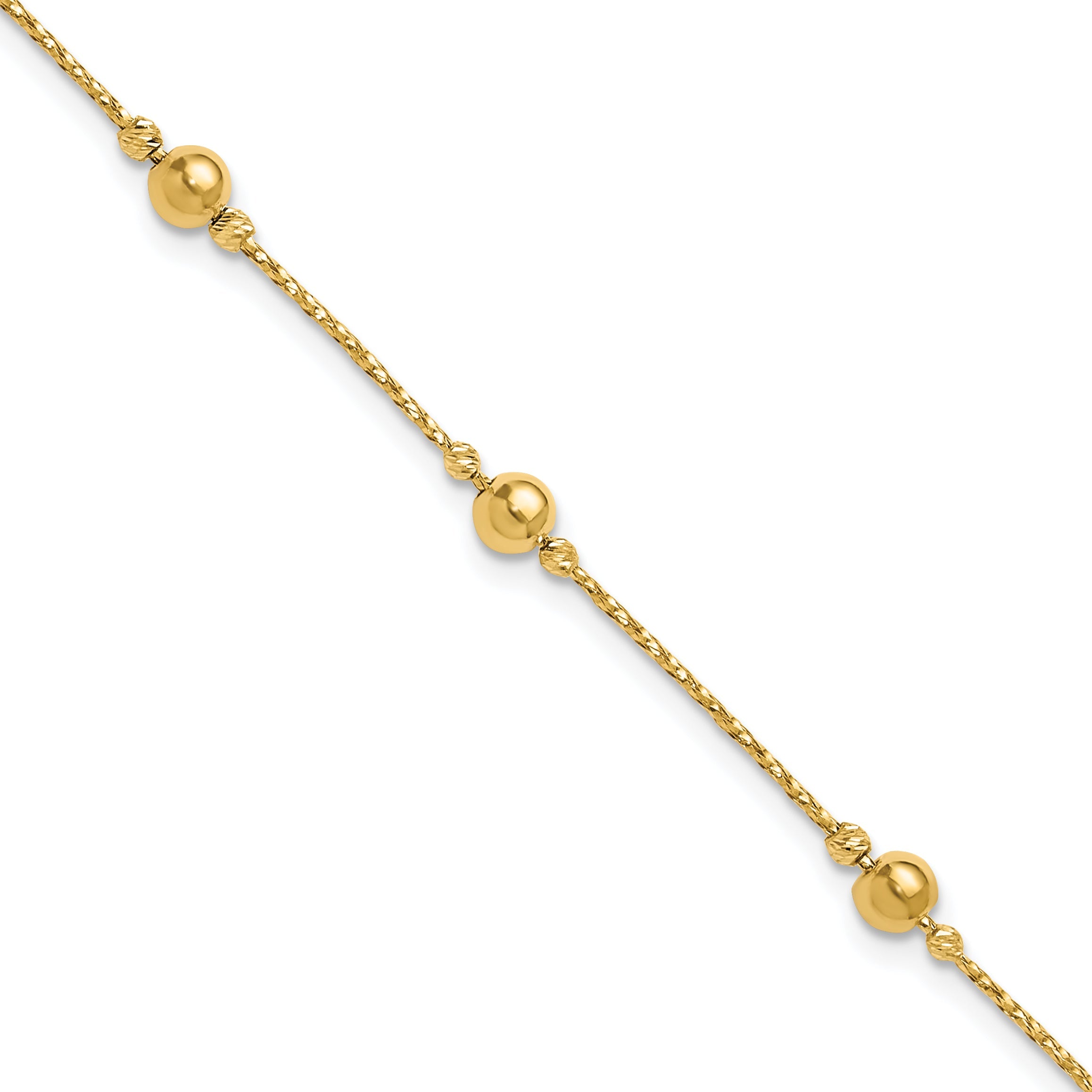 14K Yellow Gold Polished/Textured/Dia Cut Beads 1In Ext. Bracelet