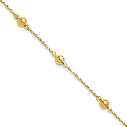 14K Yellow Gold Polished/Textured/Dia Cut Beads 1In Ext. Bracelet
