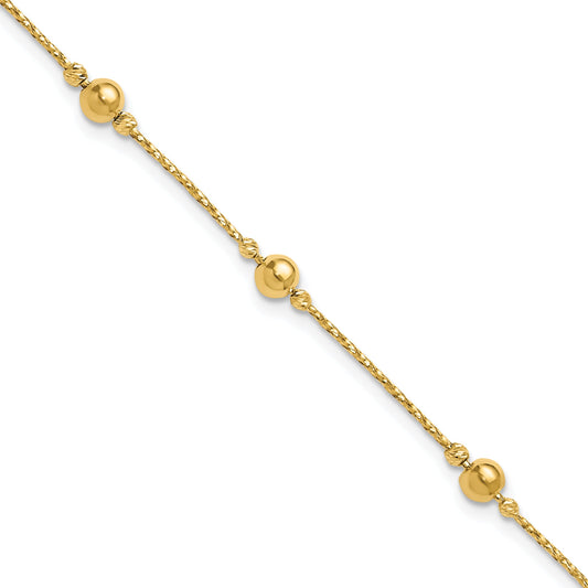 14K Yellow Gold Polished/Textured/Dia Cut Beads 1In Ext. Bracelet