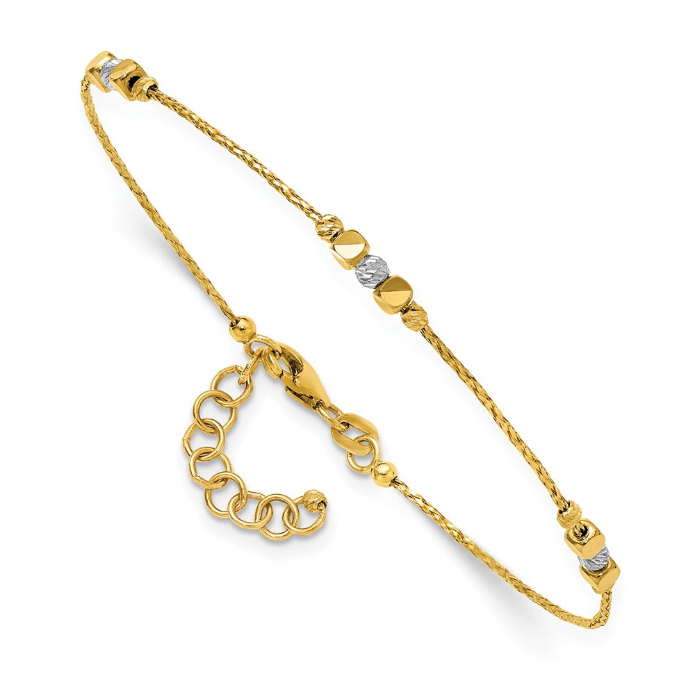 14K Two Tone Pol/Texture/Dia Cut Beads 1In Ext. Bracelet