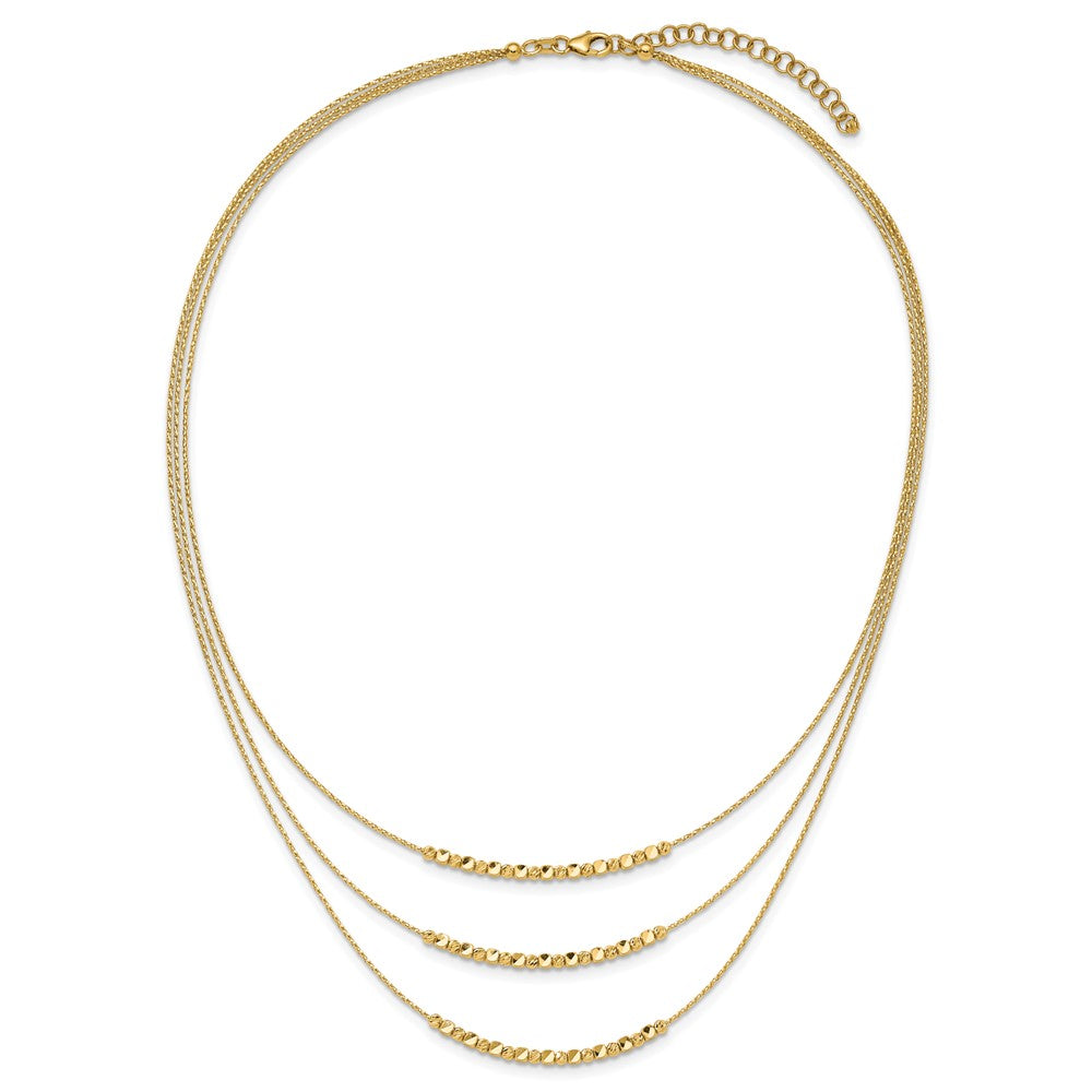 14K Yellow Gold Pol/Texture/Dia Cut Beads 3 Strand W/ 2In Ext. Necklace