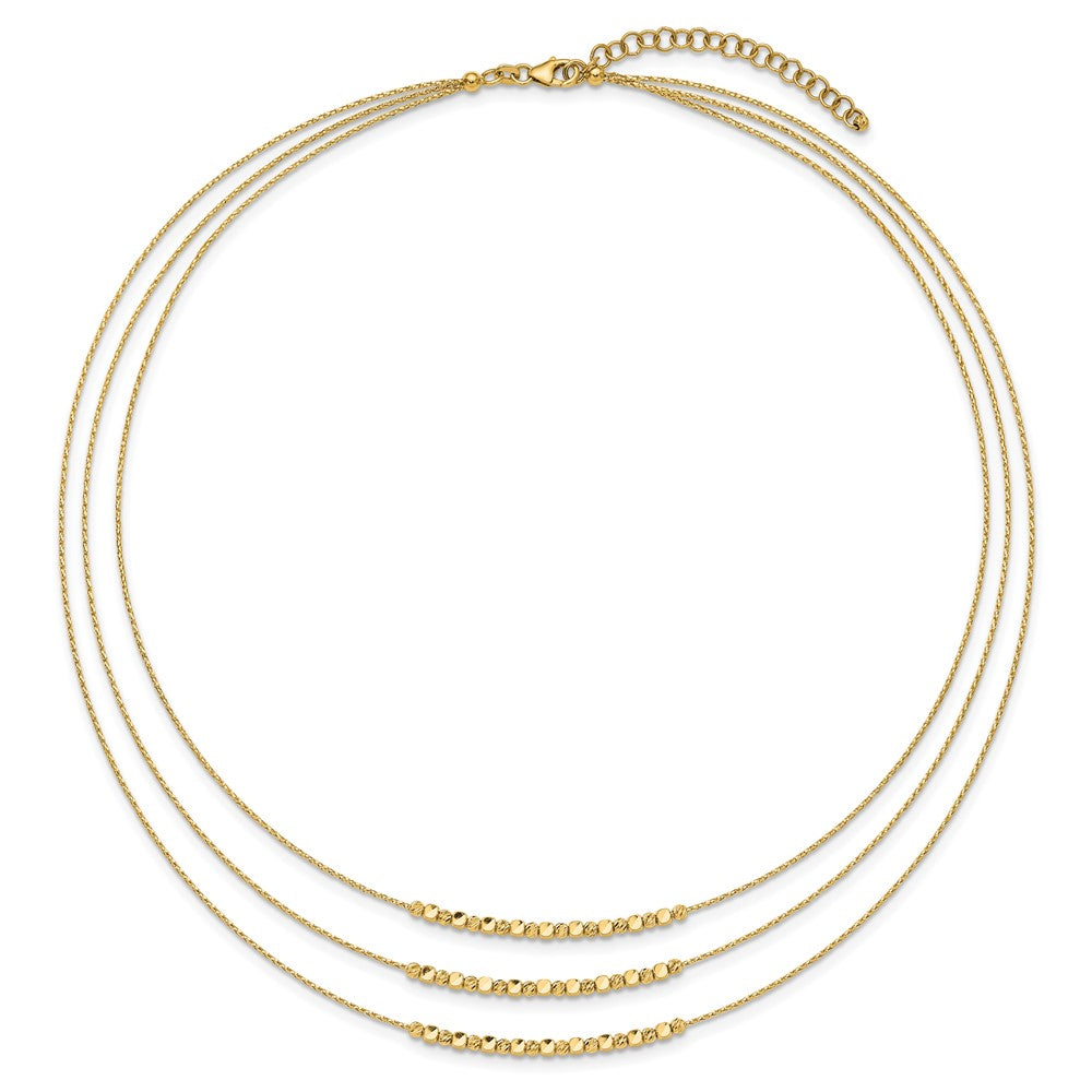 14K Yellow Gold Pol/Texture/Dia Cut Beads 3 Strand W/ 2In Ext. Necklace