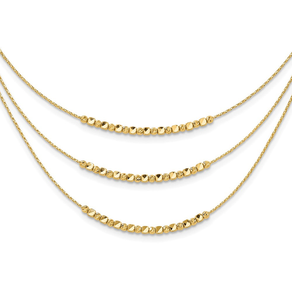 14K Yellow Gold Pol/Texture/Dia Cut Beads 3 Strand W/ 2In Ext. Necklace