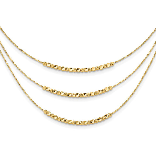 14K Yellow Gold Pol/Texture/Dia Cut Beads 3 Strand W/ 2In Ext. Necklace