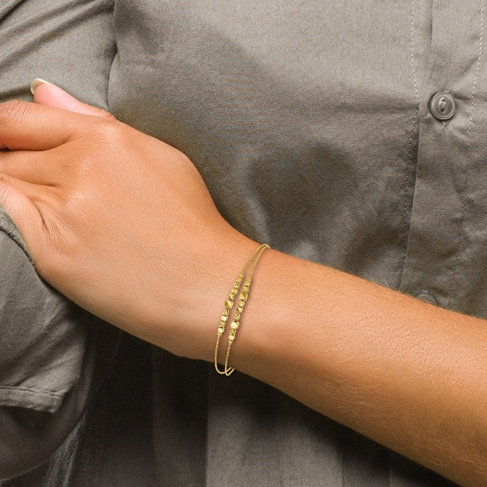 14K Yellow Gold Pol/Texture/Dia Cut Beads 2 Strand W/ 1In Ext. Bracelet
