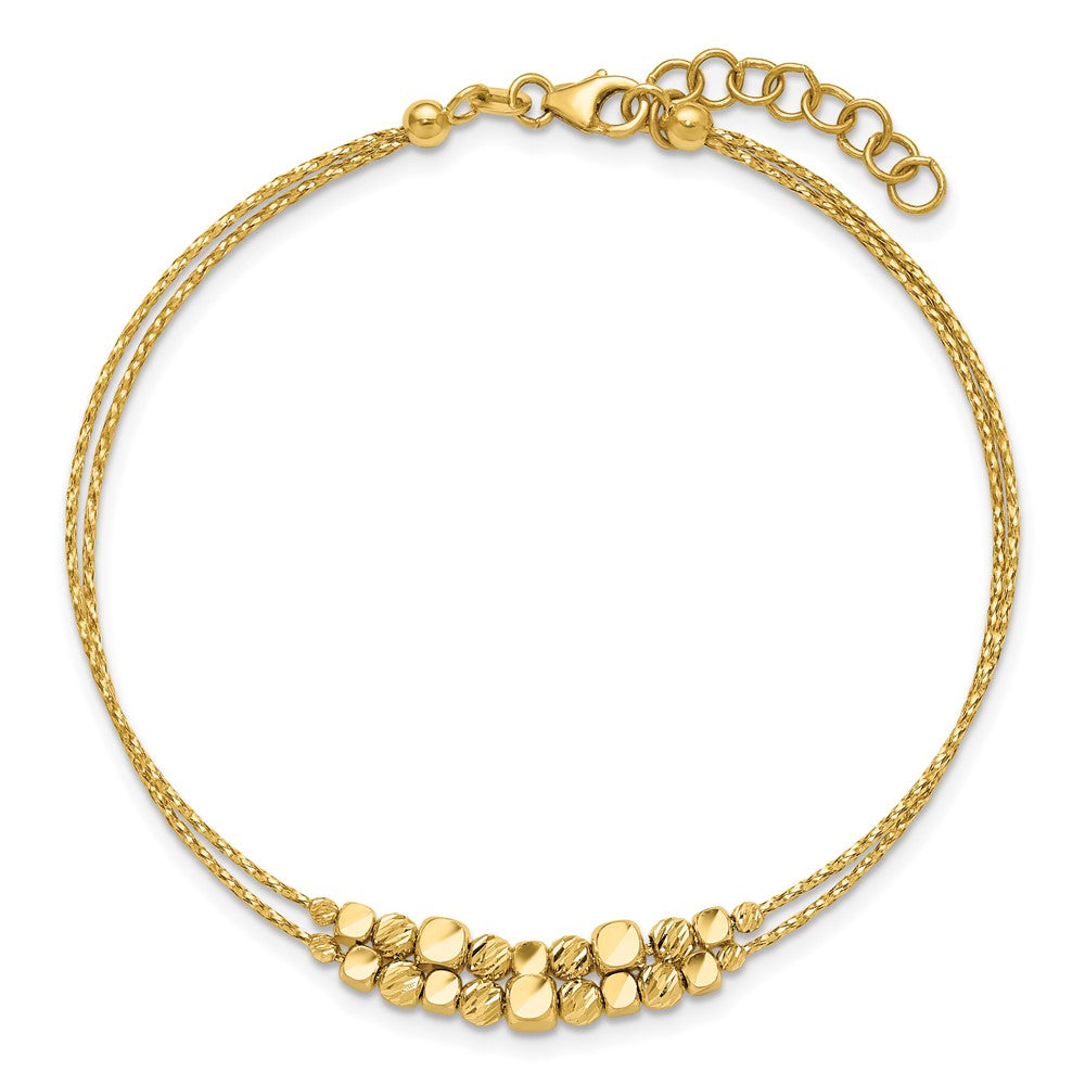 14K Yellow Gold Pol/Texture/Dia Cut Beads 2 Strand W/ 1In Ext. Bracelet