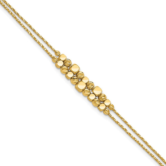 14K Yellow Gold Pol/Texture/Dia Cut Beads 2 Strand W/ 1In Ext. Bracelet