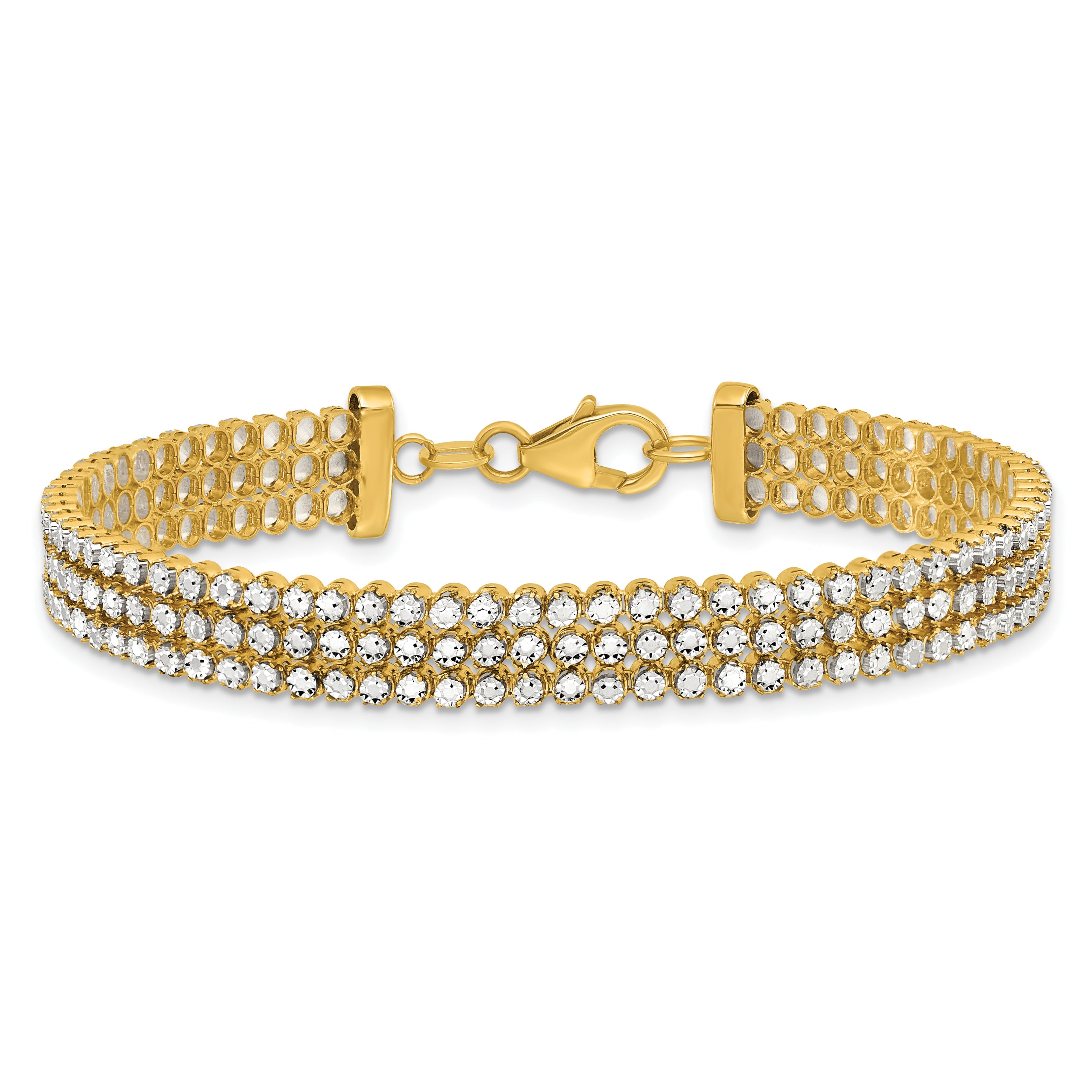 14K Two Tone Polished/Dia Cut 3 Row Bracelet
