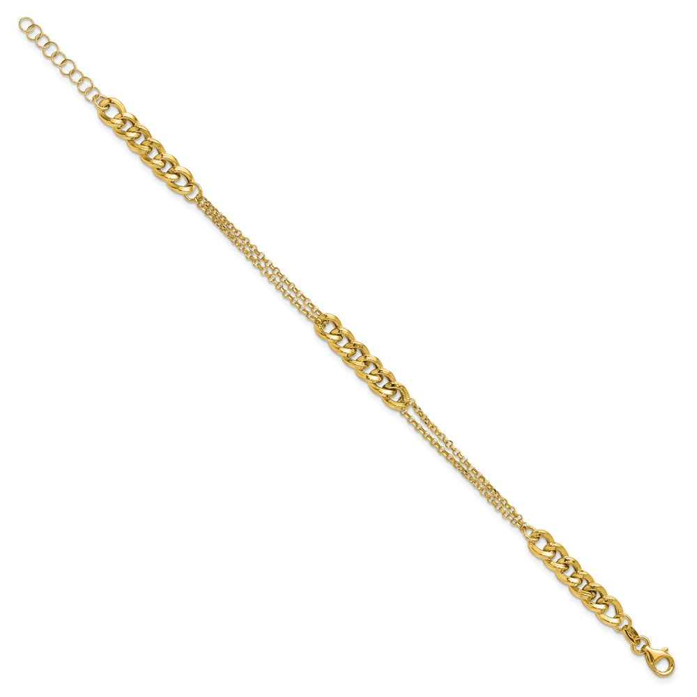 14K Yellow Gold Polished/Dia Cut 2 Strand Fancy Link 1In Ext. Bracelet