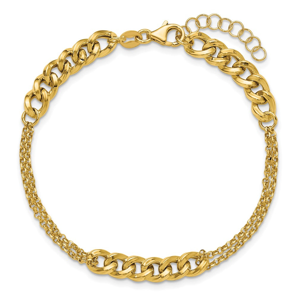 14K Yellow Gold Polished/Dia Cut 2 Strand Fancy Link 1In Ext. Bracelet