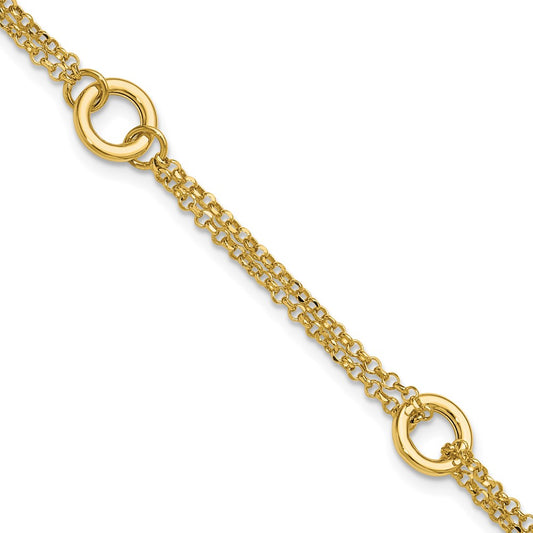14K Yellow Gold Polished/Dia Cut 2 Strand Circle Link 1In Ext. Bracelet