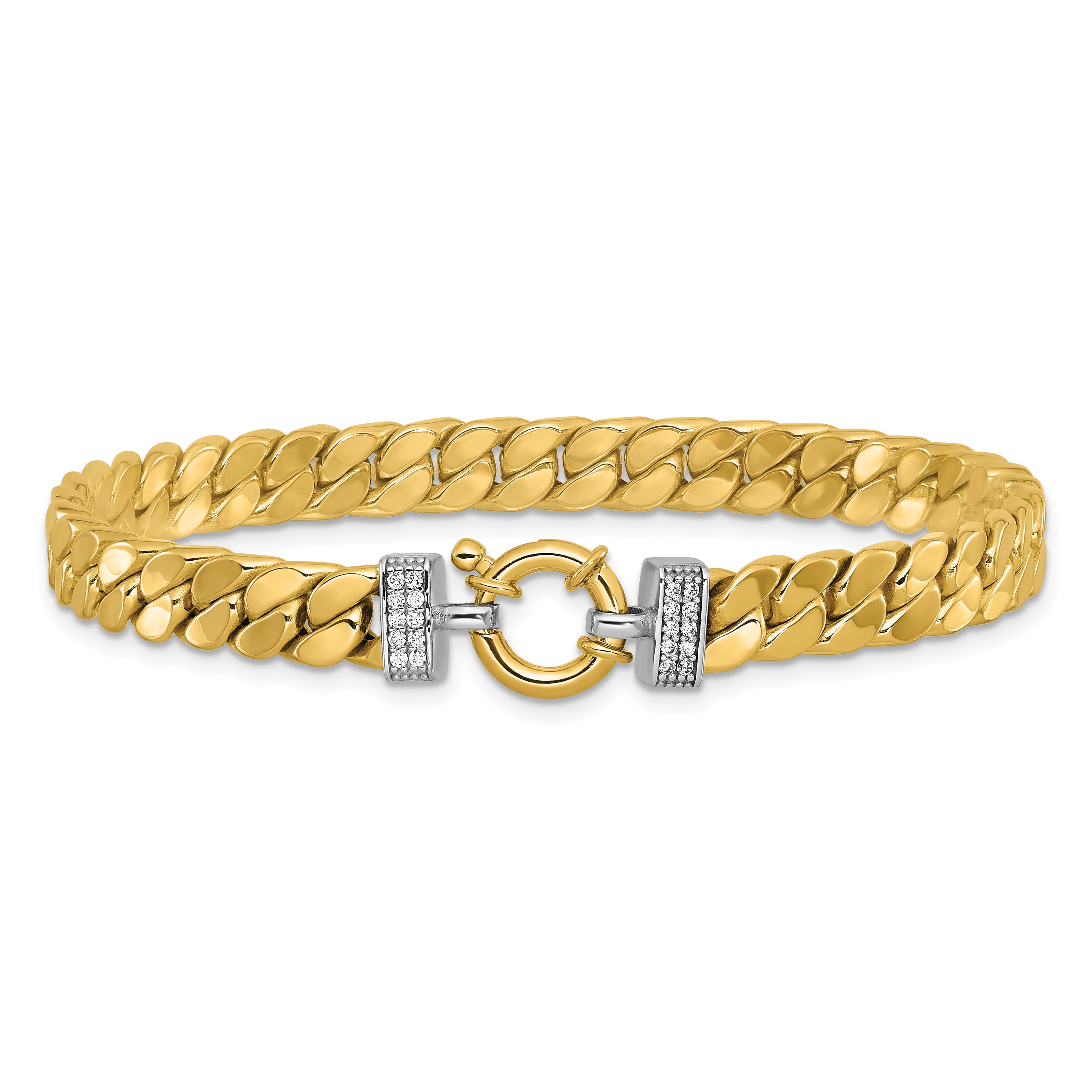14K Two Tone Cz Polished Fancy Curb Bracelet