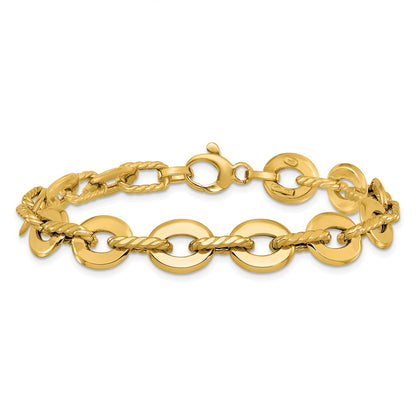 14K Yellow Gold Polished And Grooved Fancy Link Bracelet