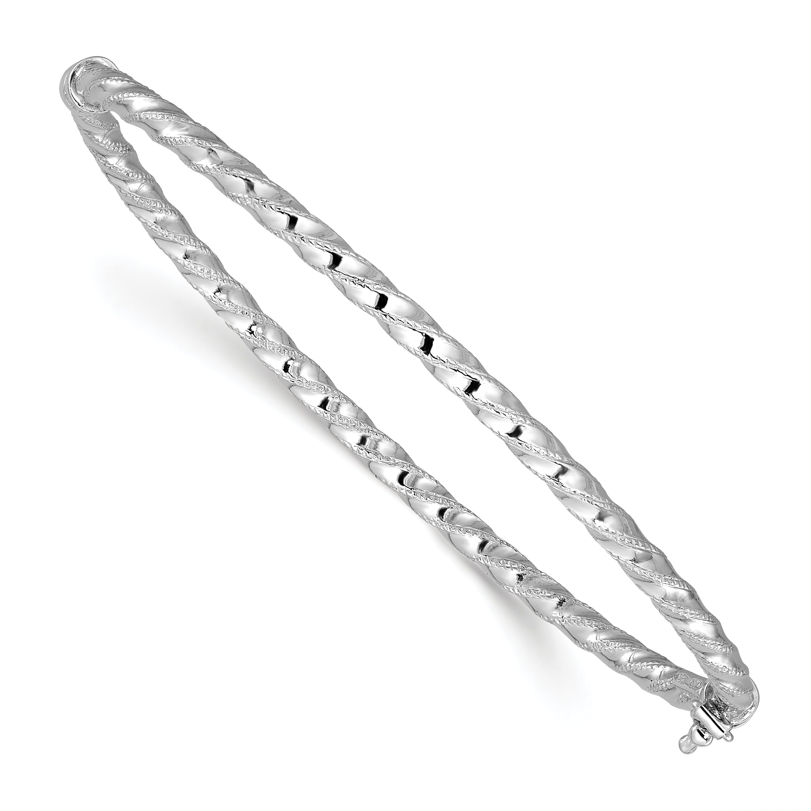 14K White Gold Polish/Textured/Twisted Hinged Bangle