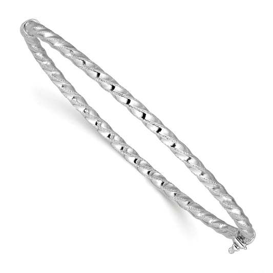 14K White Gold Polish/Textured/Twisted Hinged Bangle