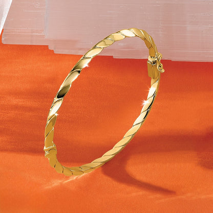 14K Yellow Gold Polished And Grooved Fancy Hinged Bangle