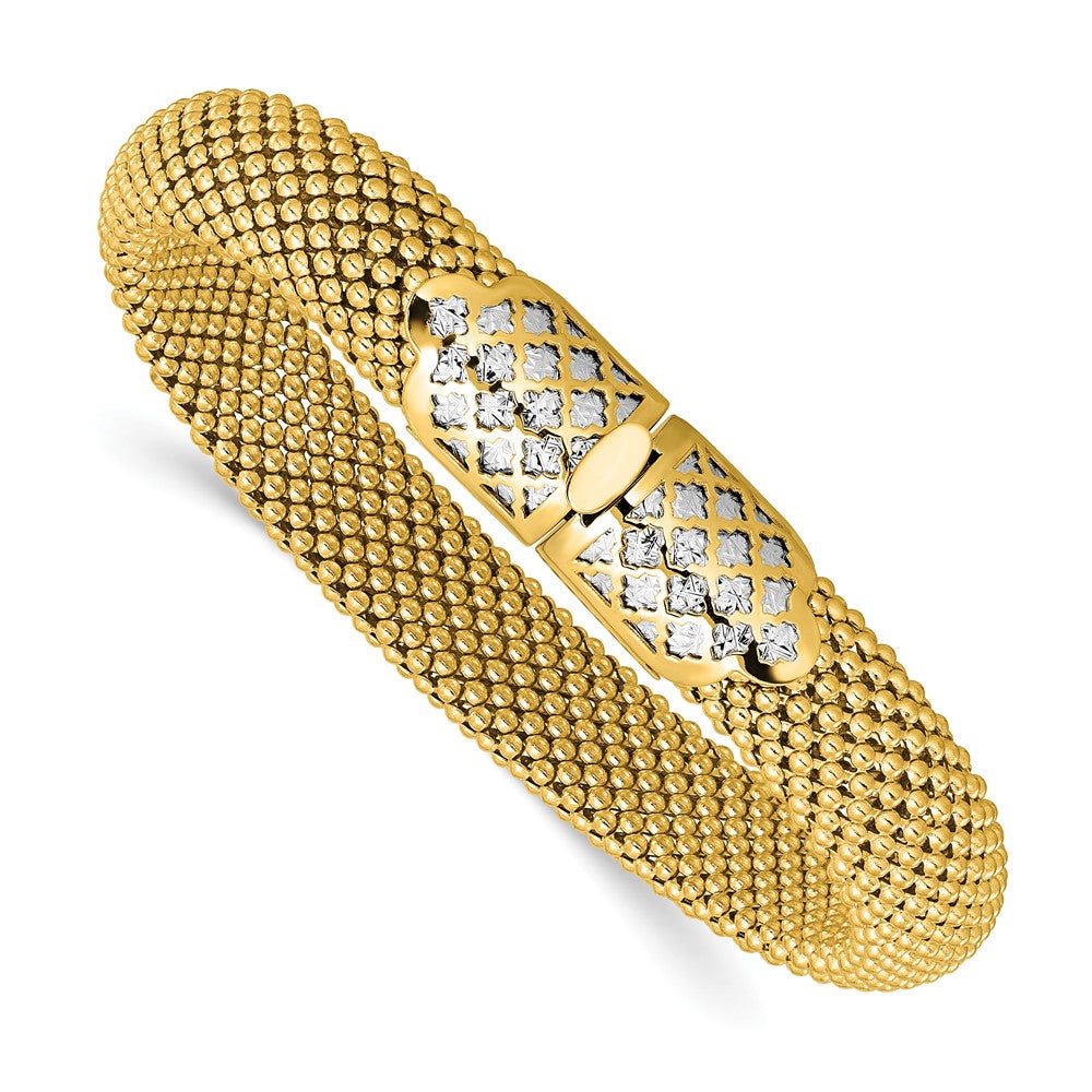 14K Two Tone Polished And Dia Cut Popcorn Mesh Bracelet