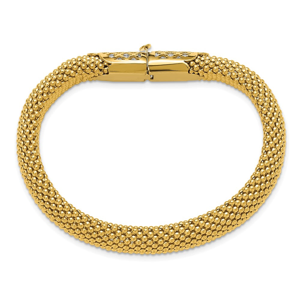 14K Two Tone Polished And Dia Cut Popcorn Mesh Bracelet
