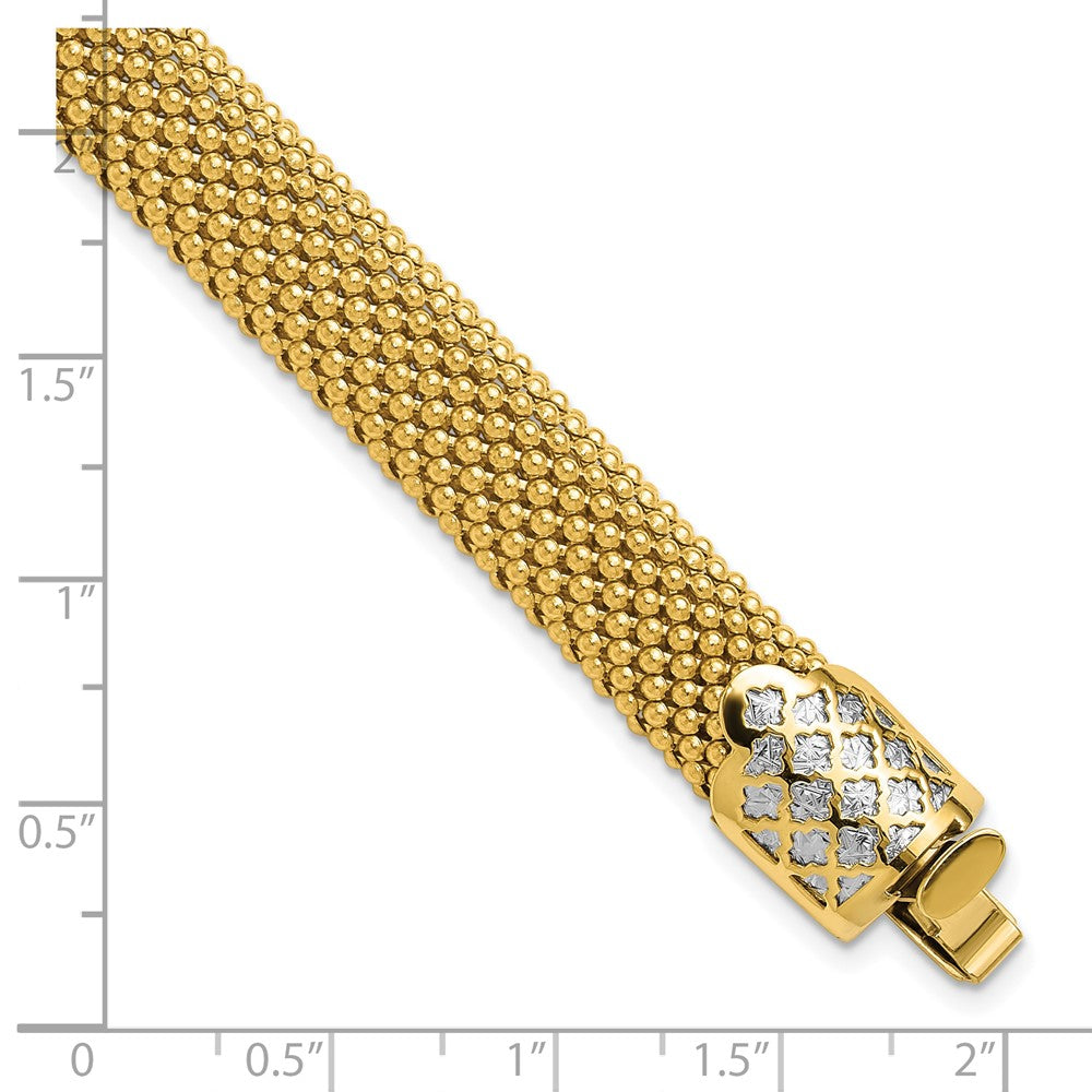 14K Two Tone Polished And Dia Cut Popcorn Mesh Bracelet