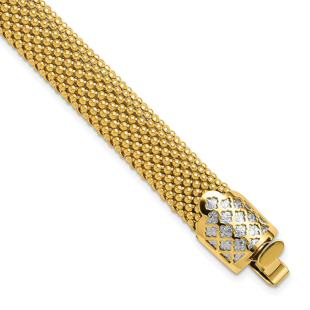 14K Two Tone Polished And Dia Cut Popcorn Mesh Bracelet