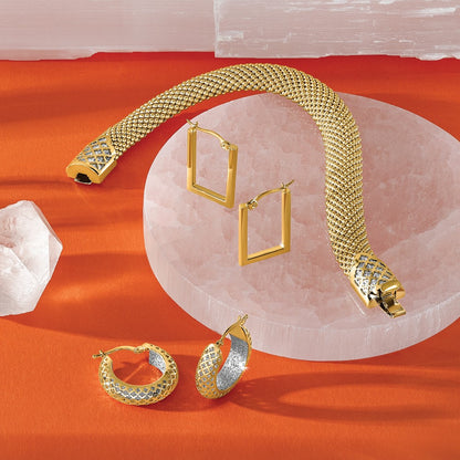 14K Two Tone Polished And Dia Cut Popcorn Mesh Bracelet