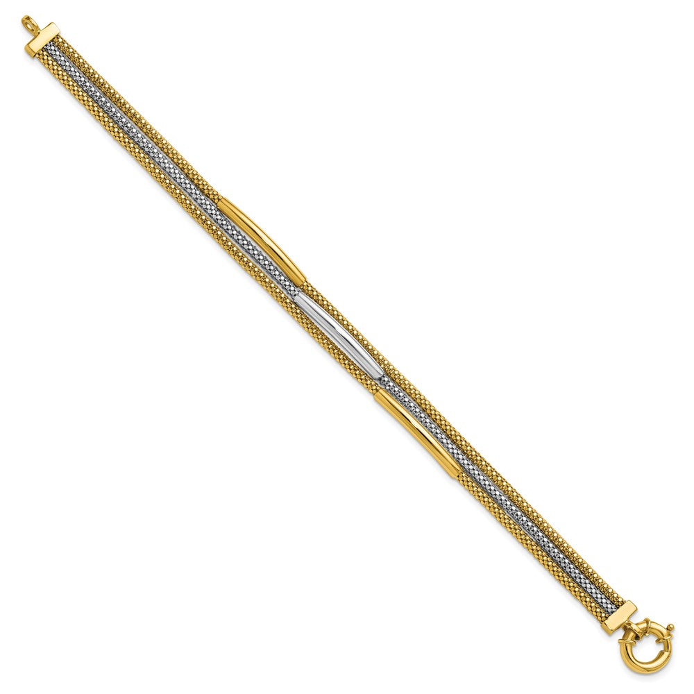14K Yellow Gold Rhodium Polished Bars Mesh Multi Strand Bracelet