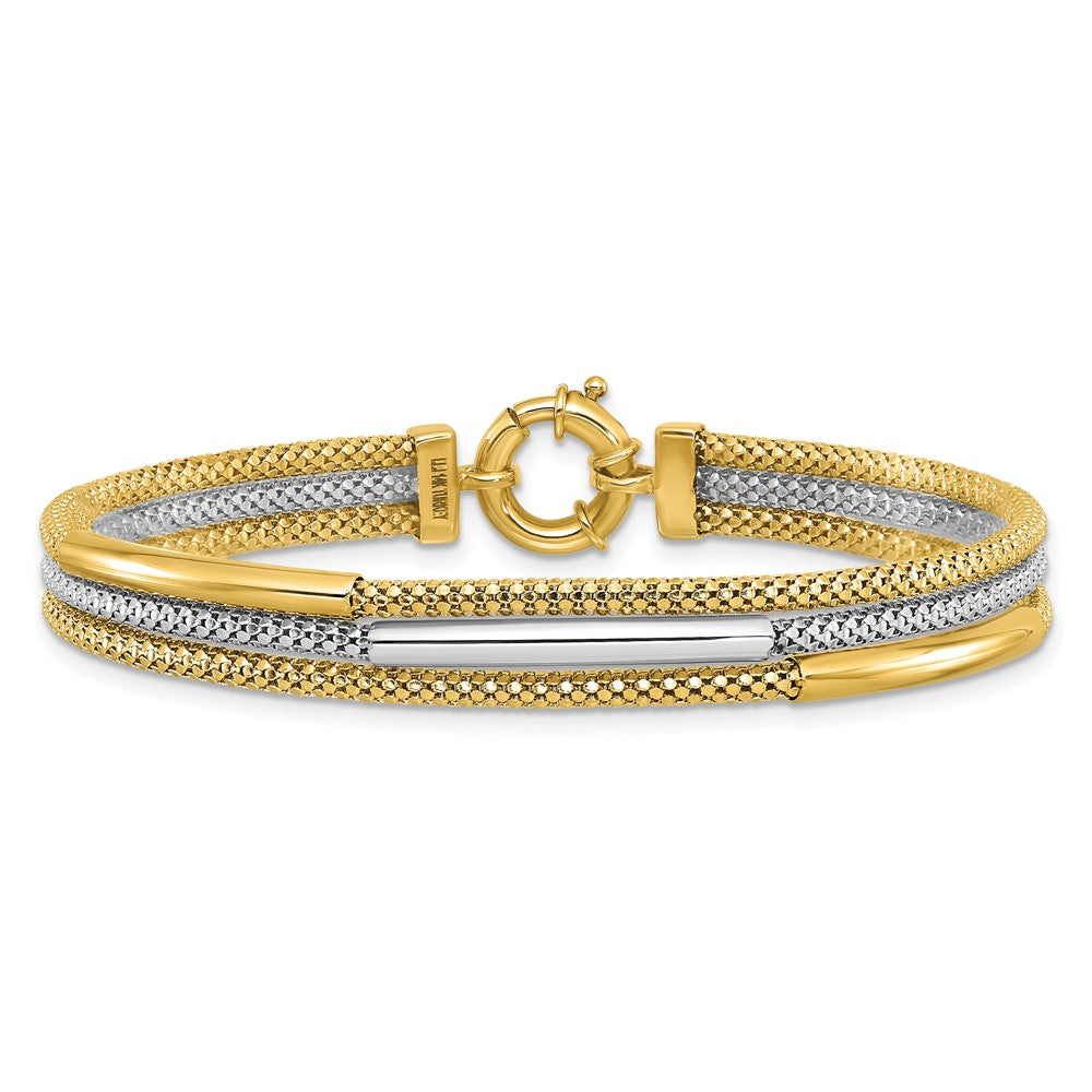 14K Yellow Gold Rhodium Polished Bars Mesh Multi Strand Bracelet