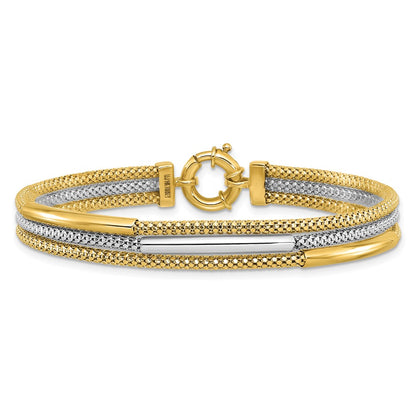 14K Yellow Gold Rhodium Polished Bars Mesh Multi Strand Bracelet