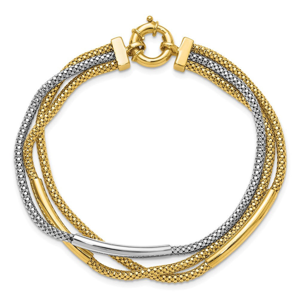 14K Yellow Gold Rhodium Polished Bars Mesh Multi Strand Bracelet