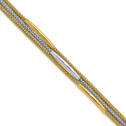 14K Yellow Gold Rhodium Polished Bars Mesh Multi Strand Bracelet