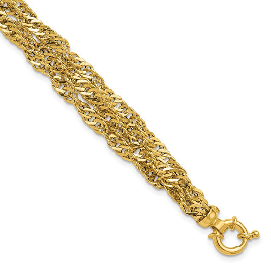 14K Yellow Gold Polished/Diamond Cut Multi Strand Singapore Bracelet