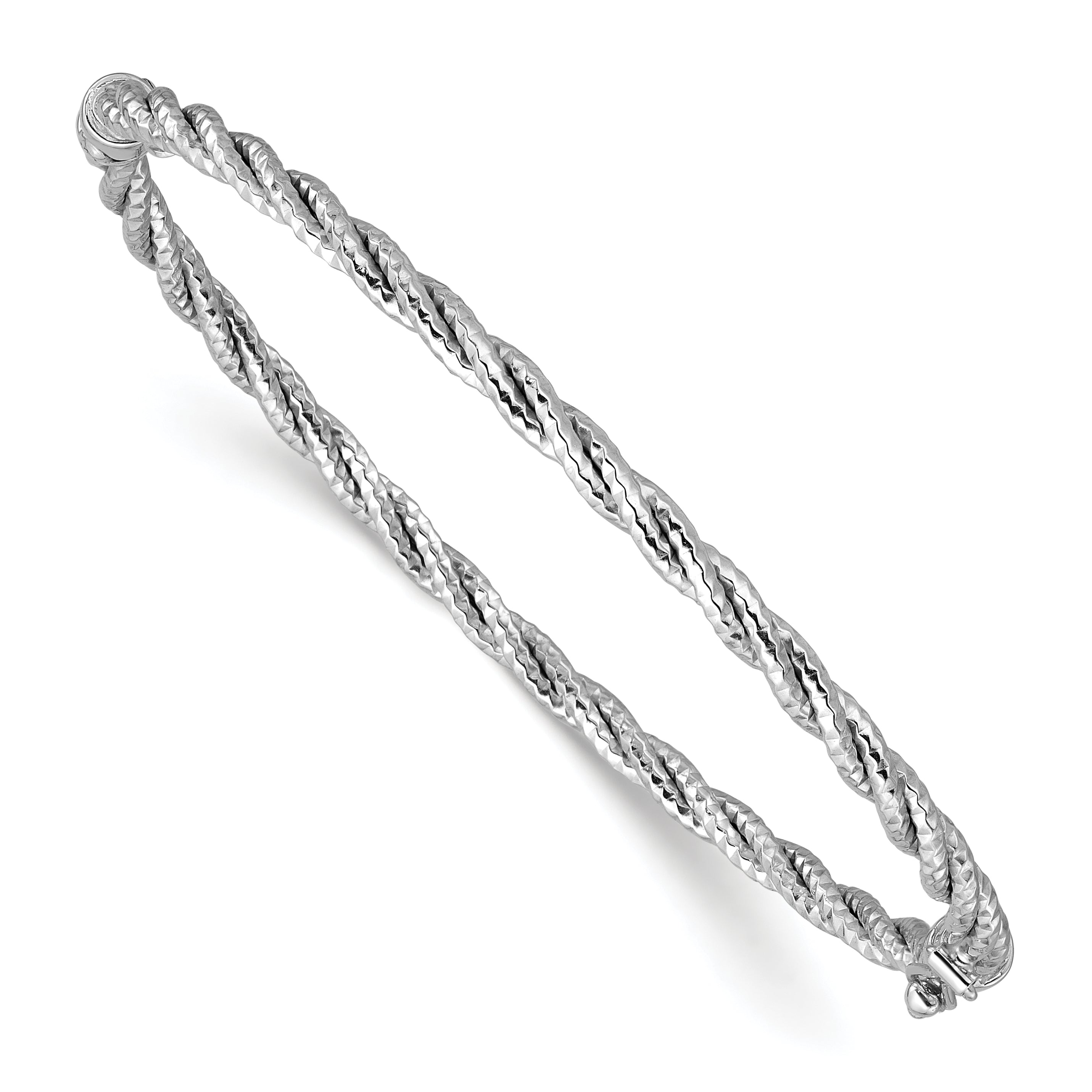 14K White Gold W/ Rhodium Polish/Diamond Cut Twisted Hinged Bangle