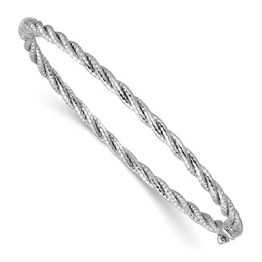 14K White Gold W/ Rhodium Polish/Diamond Cut Twisted Hinged Bangle