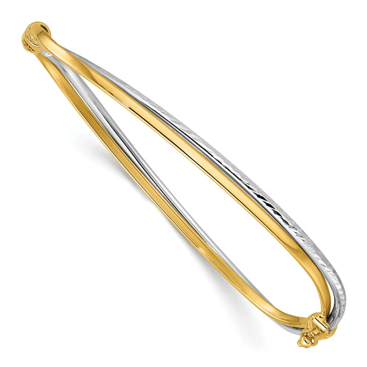 14K Two Tone Rhodium Polished/Diamond Cut Twist Hinged Bangle